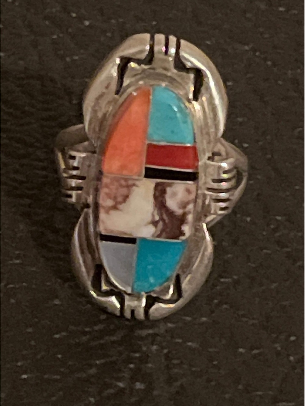 Navajo handmade turquoise multi stone sterling silver inlay ring size 7.5